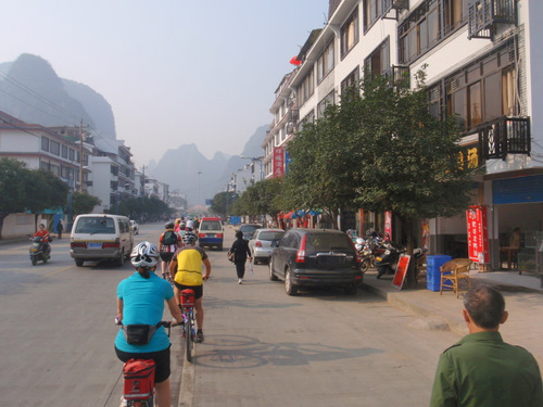 Downtown Yangshou, were bicycling through town.